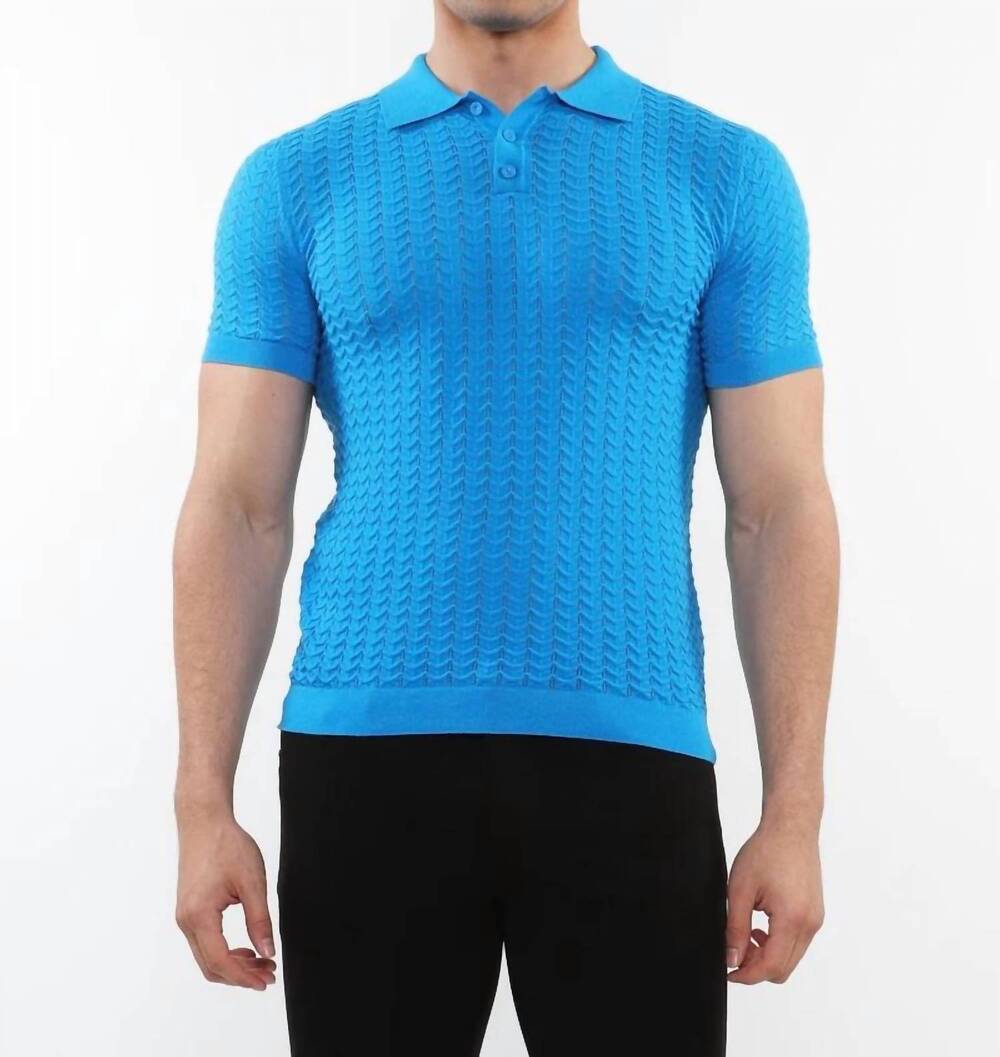 NEW POSTMARC textured chevron 3-button cotton knitted polo in azure